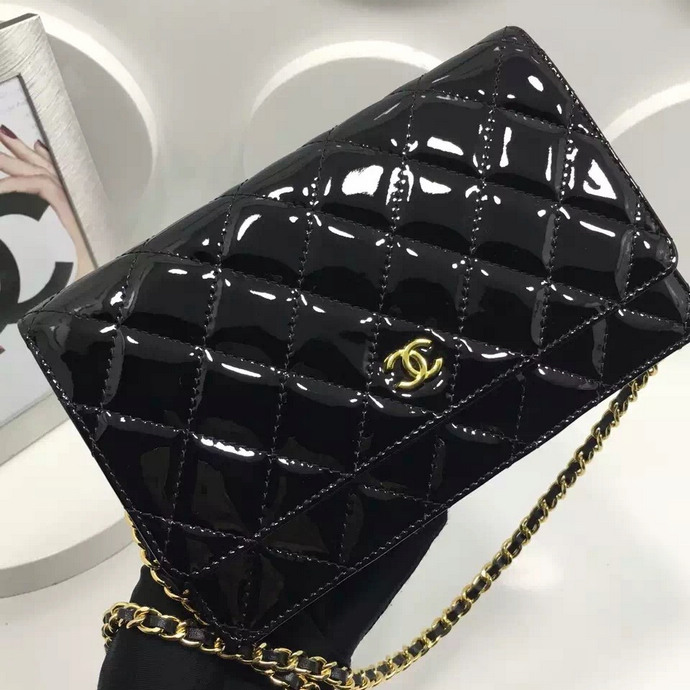 2016 Chanel WOC A33814 Black Original Patent Leather Mini Flap Bag Gold