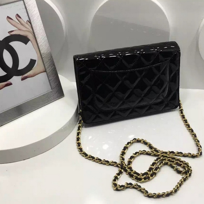 2016 Chanel WOC A33814 Black Original Patent Leather Mini Flap Bag Gold