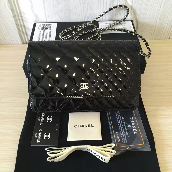 2016 Chanel WOC A33814 Black Original Patent Leather Mini Flap Bag Silver