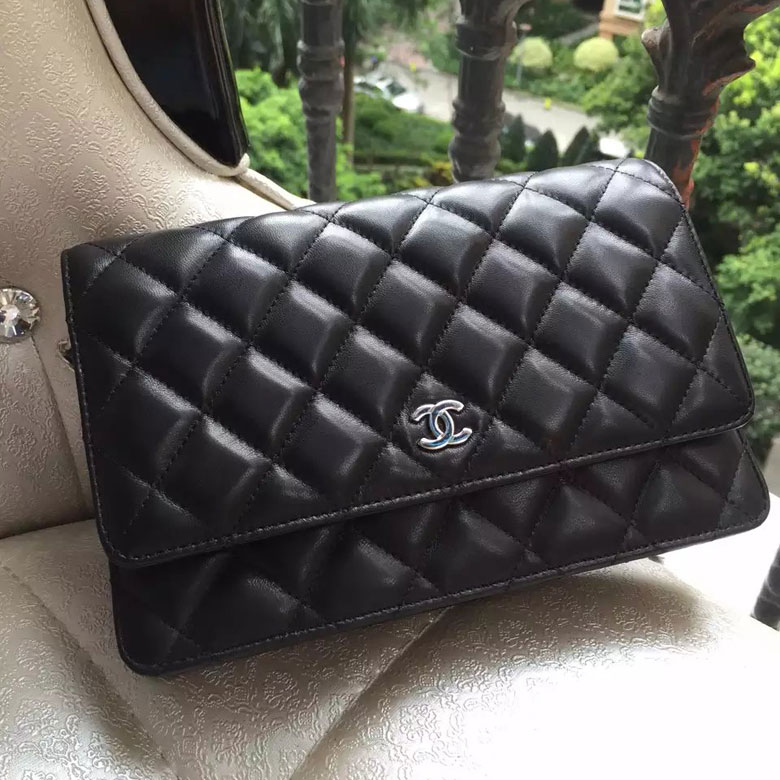 2016 Chanel WOC A33814 Black Original Sheepskin Leather Mini Flap Bag Silver