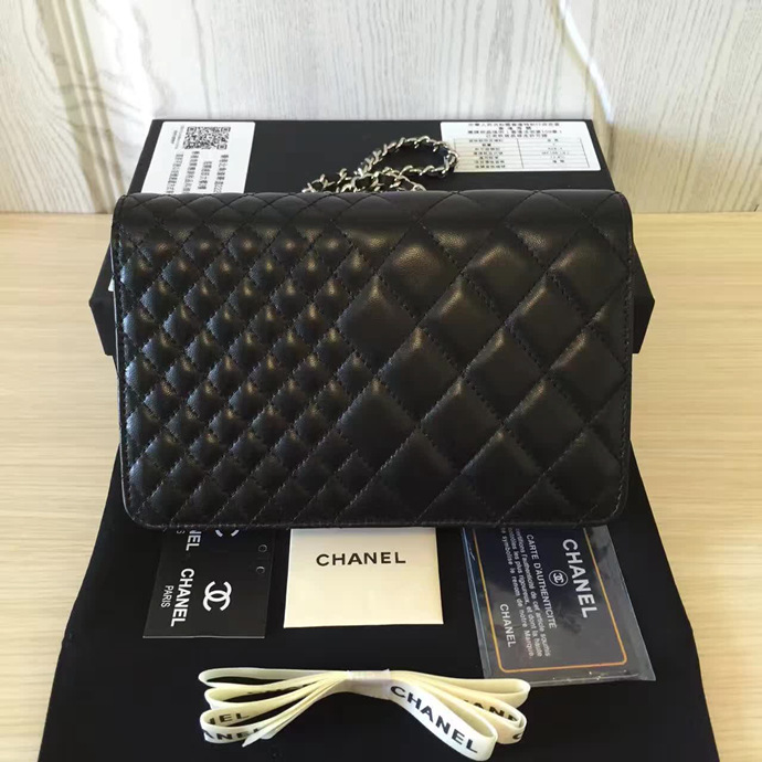 2016 Chanel WOC A33814 Black Original Sheepskin Leather Mini Flap Bag Silver