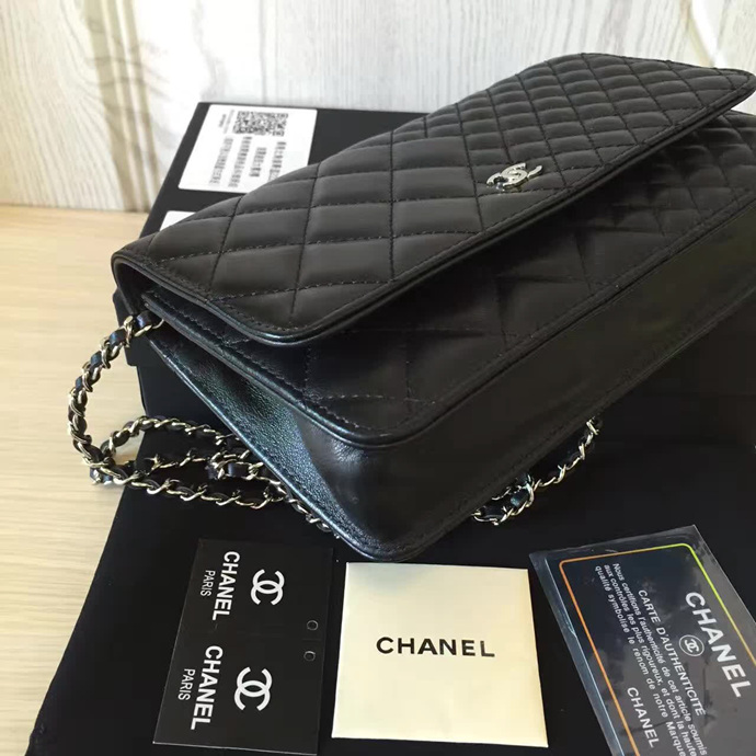 2016 Chanel WOC A33814 Black Original Sheepskin Leather Mini Flap Bag Silver