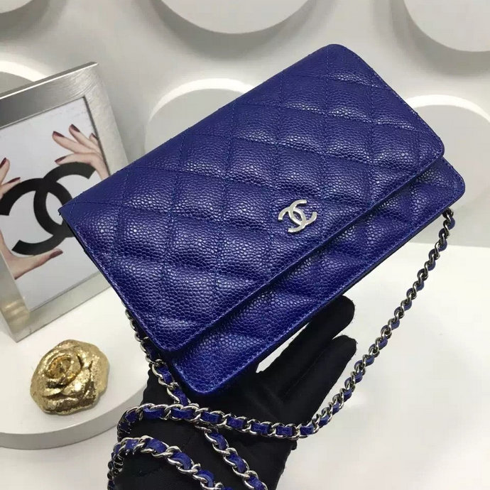 2016 Chanel WOC A33814 Blue Original Caviar Leather Mini Flap Bag Silver