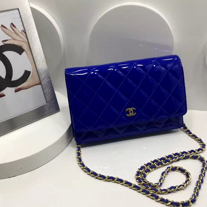 2016 Chanel WOC A33814 Blue Original Patent Leather Mini Flap Bag Gold