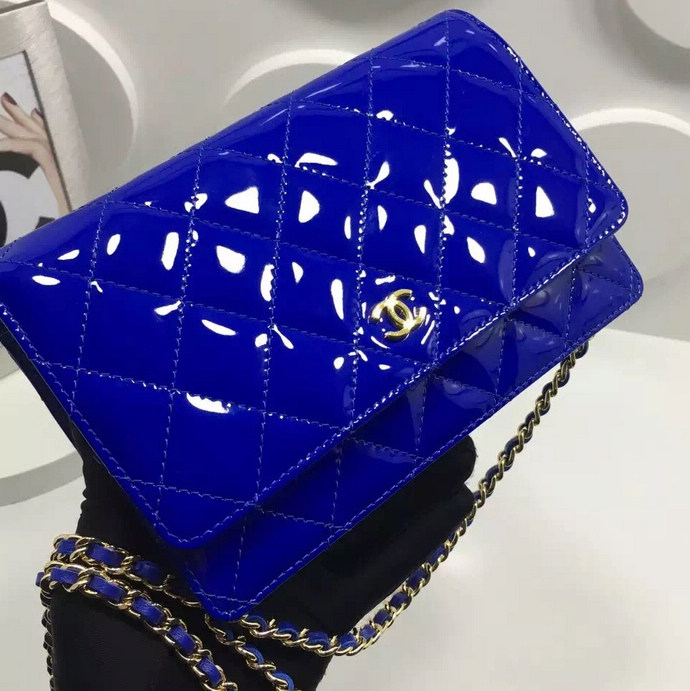 2016 Chanel WOC A33814 Blue Original Patent Leather Mini Flap Bag Gold