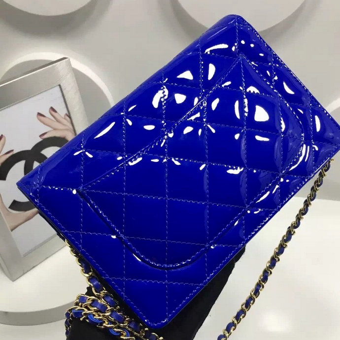 2016 Chanel WOC A33814 Blue Original Patent Leather Mini Flap Bag Gold