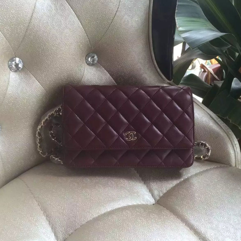 2016 Chanel WOC A33814 Burgundy Original Sheepskin Leather Mini Flap Bag Gold