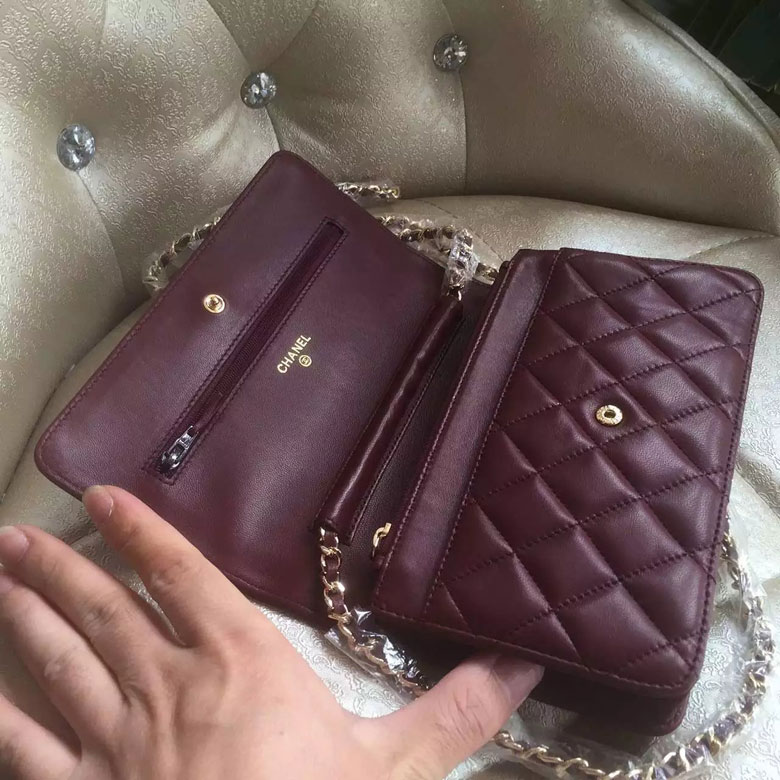 2016 Chanel WOC A33814 Burgundy Original Sheepskin Leather Mini Flap Bag Gold