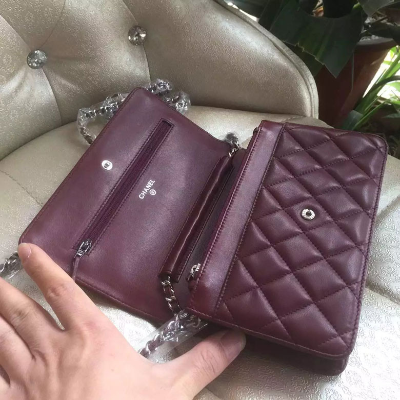 2016 Chanel WOC A33814 Burgundy Original Sheepskin Leather Mini Flap Bag Silver