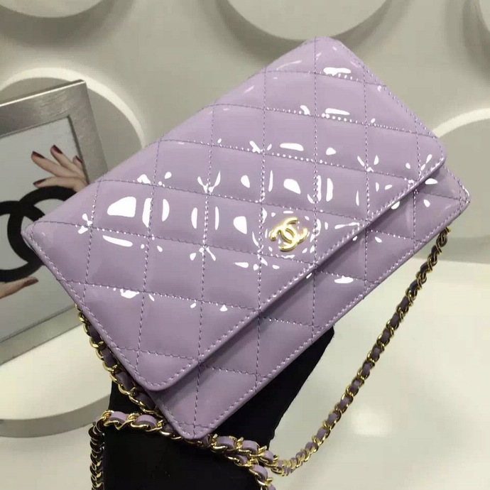 2016 Chanel WOC A33814 Lavender Original Patent Leather Mini Flap Bag Gold