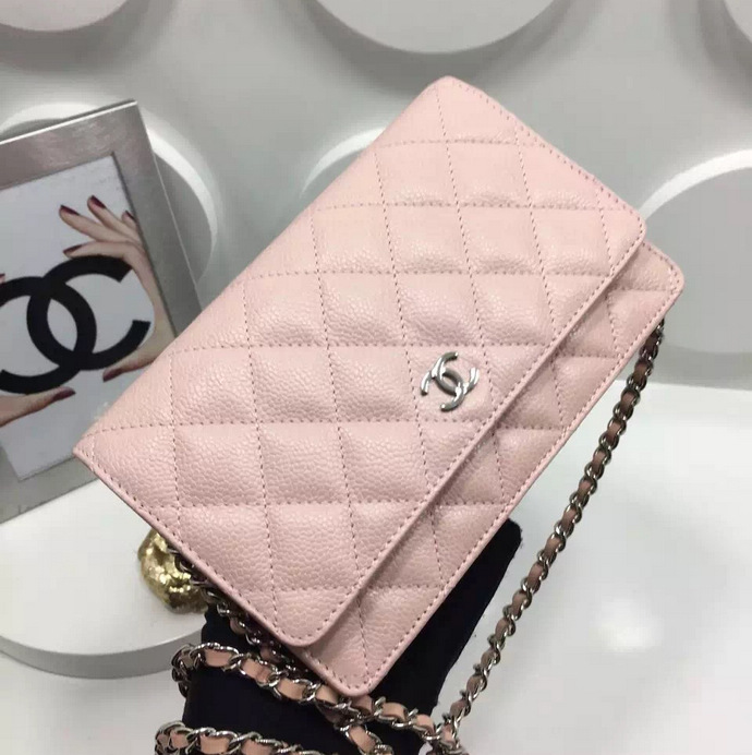 2016 Chanel WOC A33814 Pink Original Caviar Leather Mini Flap Bag Silver