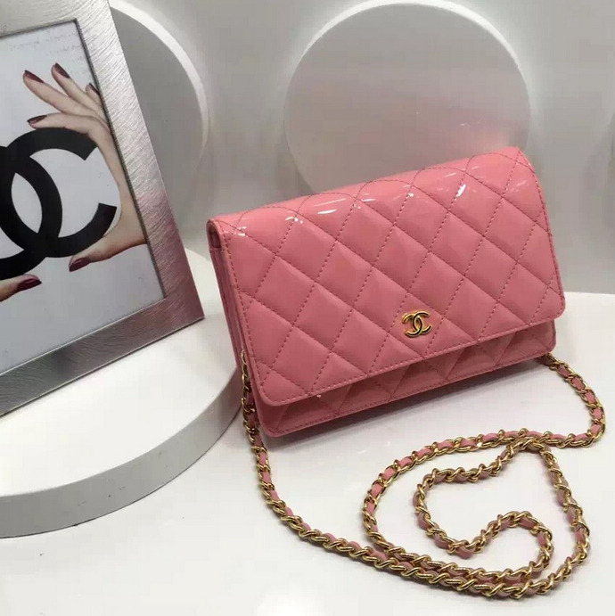 2016 Chanel WOC A33814 Pink Original Patent Leather Mini Flap Bag Gold