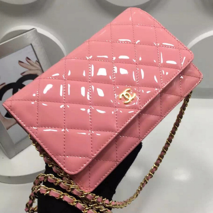 2016 Chanel WOC A33814 Pink Original Patent Leather Mini Flap Bag Gold