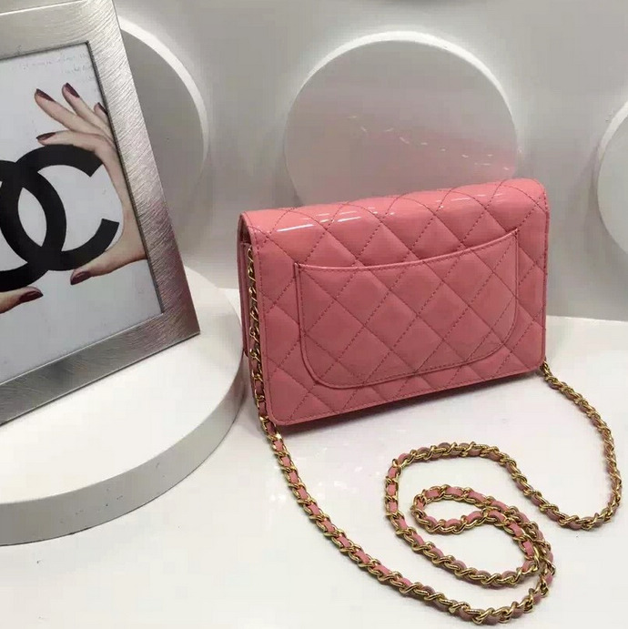 2016 Chanel WOC A33814 Pink Original Patent Leather Mini Flap Bag Gold