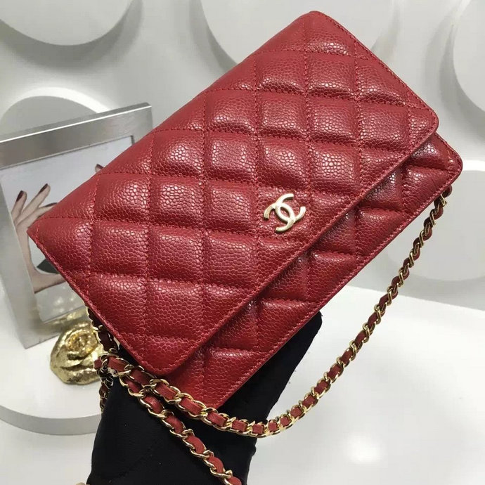 2016 Chanel WOC A33814 Red Original Caviar Leather Mini Flap Bag Gold