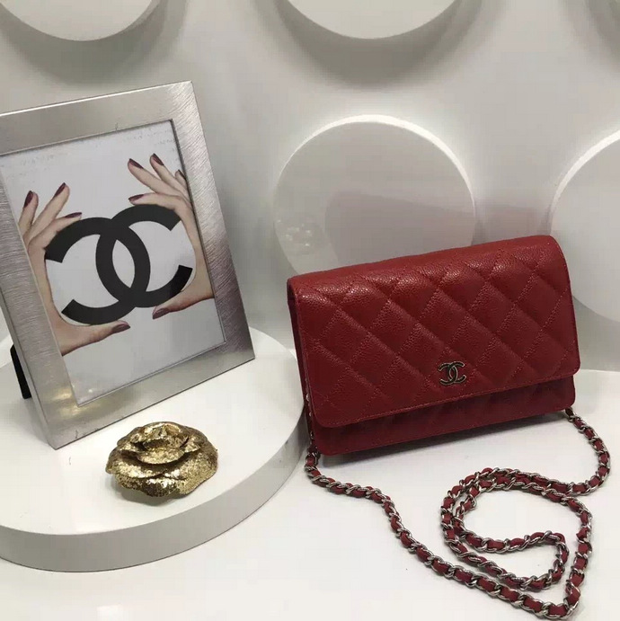 2016 Chanel WOC A33814 Red Original Caviar Leather Mini Flap Bag Silver