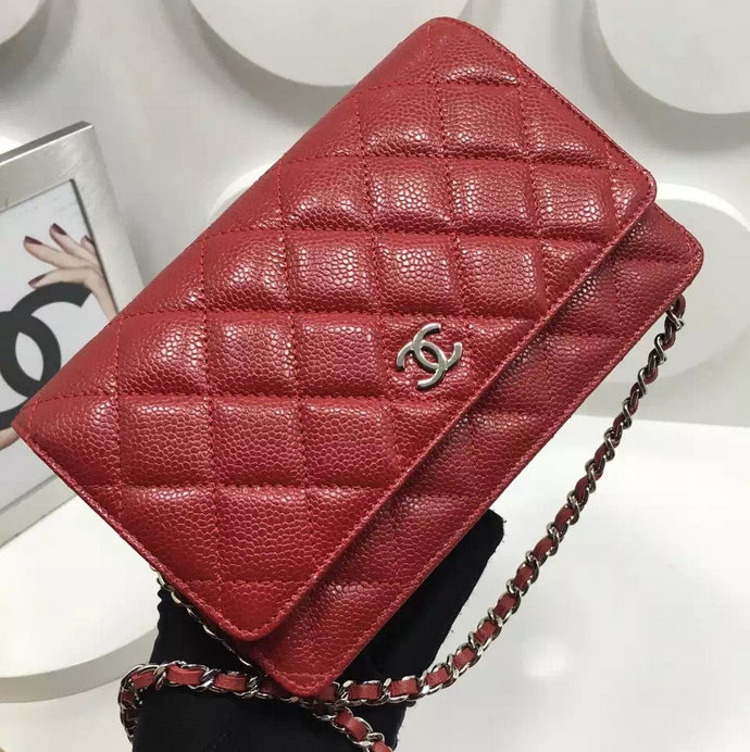 2016 Chanel WOC A33814 Red Original Caviar Leather Mini Flap Bag Silver