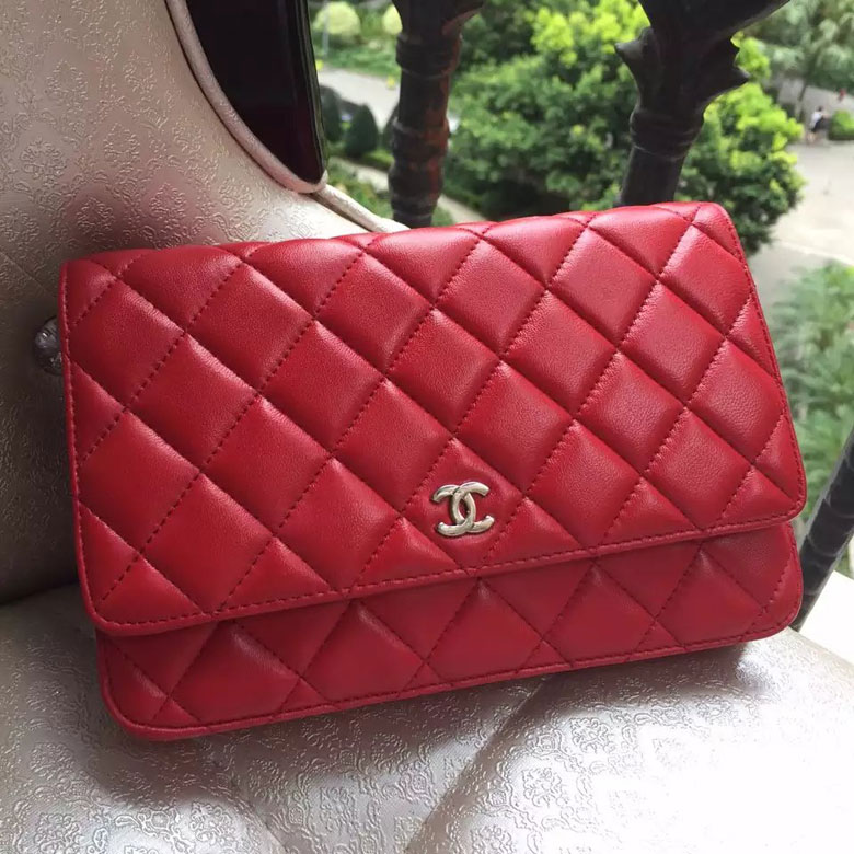 2016 Chanel WOC A33814 Red Original Sheepskin Leather Mini Flap Bag Silver