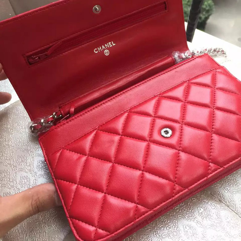 2016 Chanel WOC A33814 Red Original Sheepskin Leather Mini Flap Bag Silver