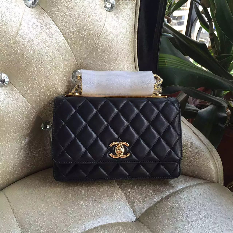 2016 Chanel WOC A80982 Black Original Sheepskin Leather Mini Flap Bag Gold