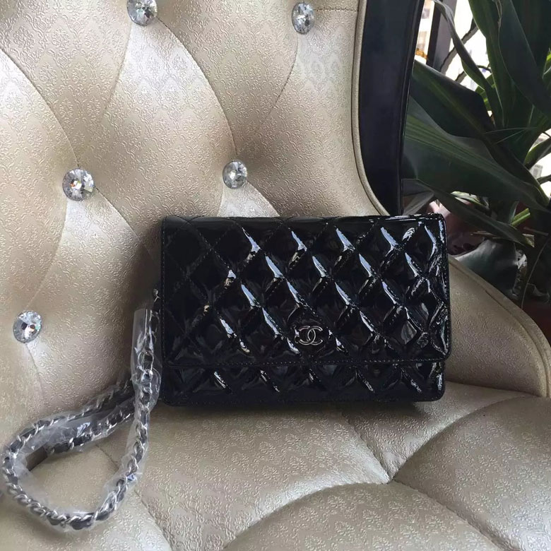 2016 Chanel WOC mini Flap Bag Black Original Patent leather A33808