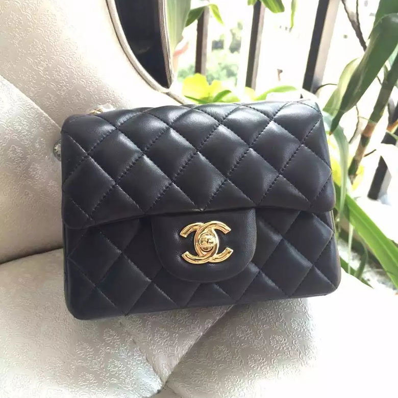 2016 Chanel mini Classic Flap Bag Black Original Sheekskin leather A1115 Gold