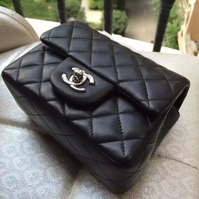 2016 Chanel mini Classic Flap Bag Black Original Sheekskin leather A1115 Silver