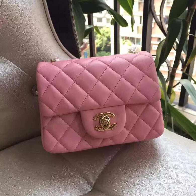 2016 Chanel mini Classic Flap Bag Pink Original Sheekskin leather A1115 Gold