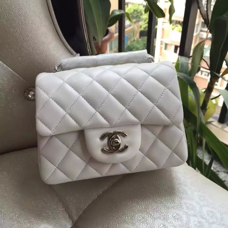 2016 Chanel mini Classic Flap Bag White Original Sheekskin leather A1115 Silver