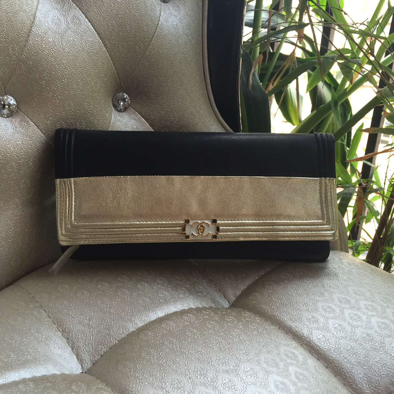 2016 Le Boy Chanel Clutch Original Sheepskin Leather A80488 Black&Gold