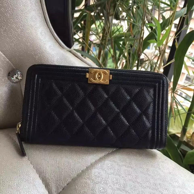 2016 Le Boy Chanel Zippy Wallet Original Caviar Leather A80286 Black Gold