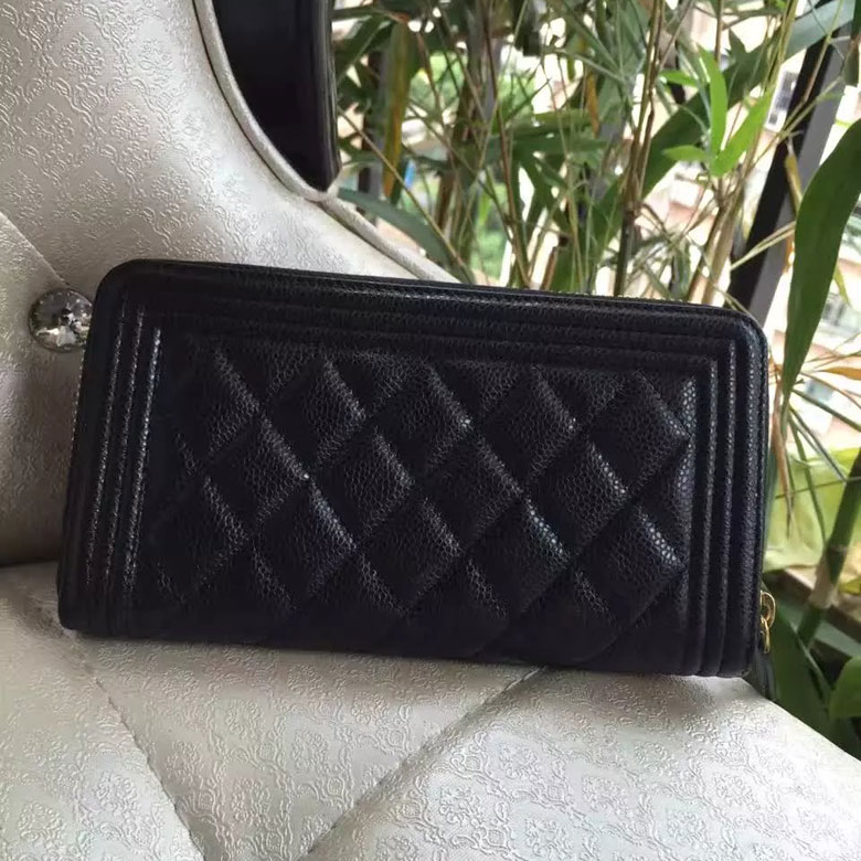 2016 Le Boy Chanel Zippy Wallet Original Caviar Leather A80286 Black Gold