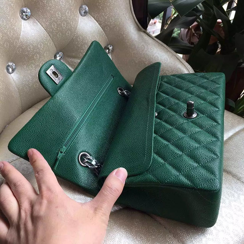 2016 New Chanel Classic Flap Bag 1112 Green Original leather Silver