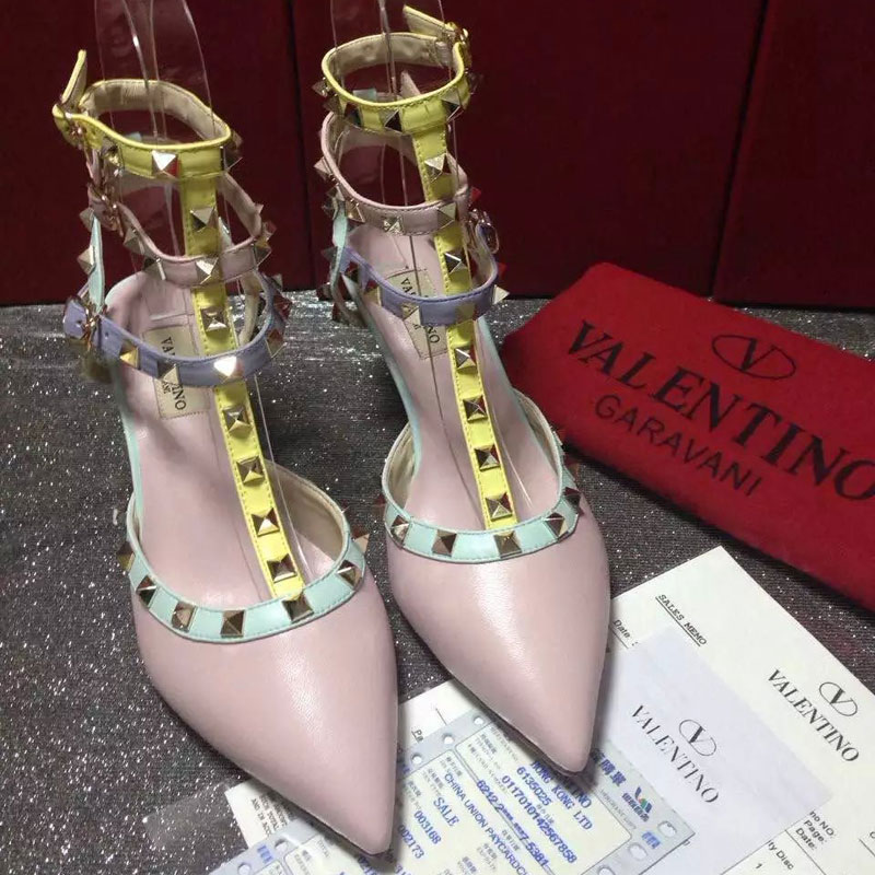 2016 Valentino women shoes in sheepskin leather with Rivet Heel Height 6.5cm