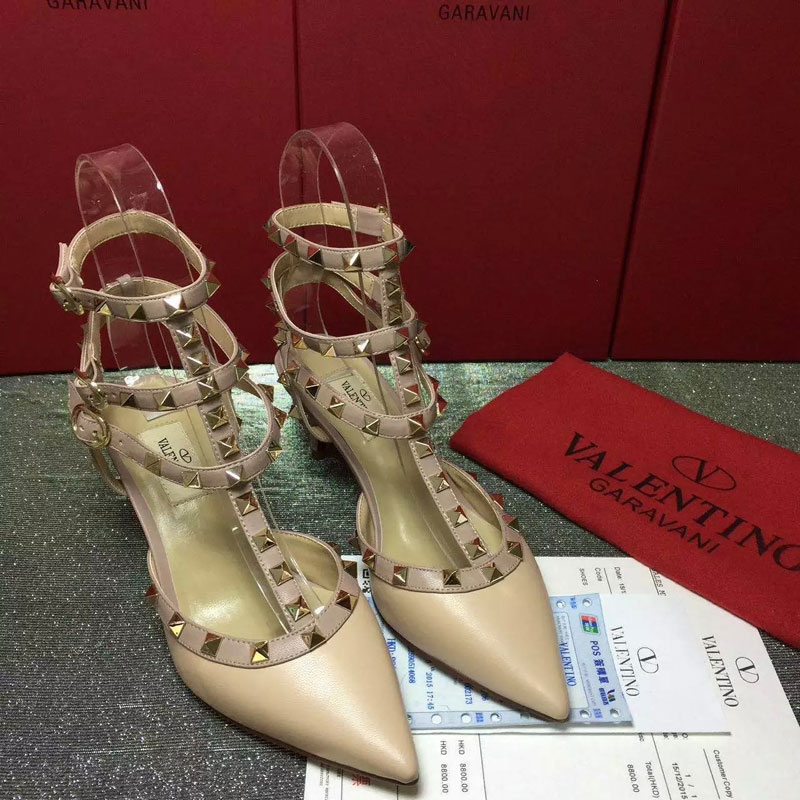 2016 Valentino women shoes in sheepskin leather with Rivet Heel Height 6.5cm