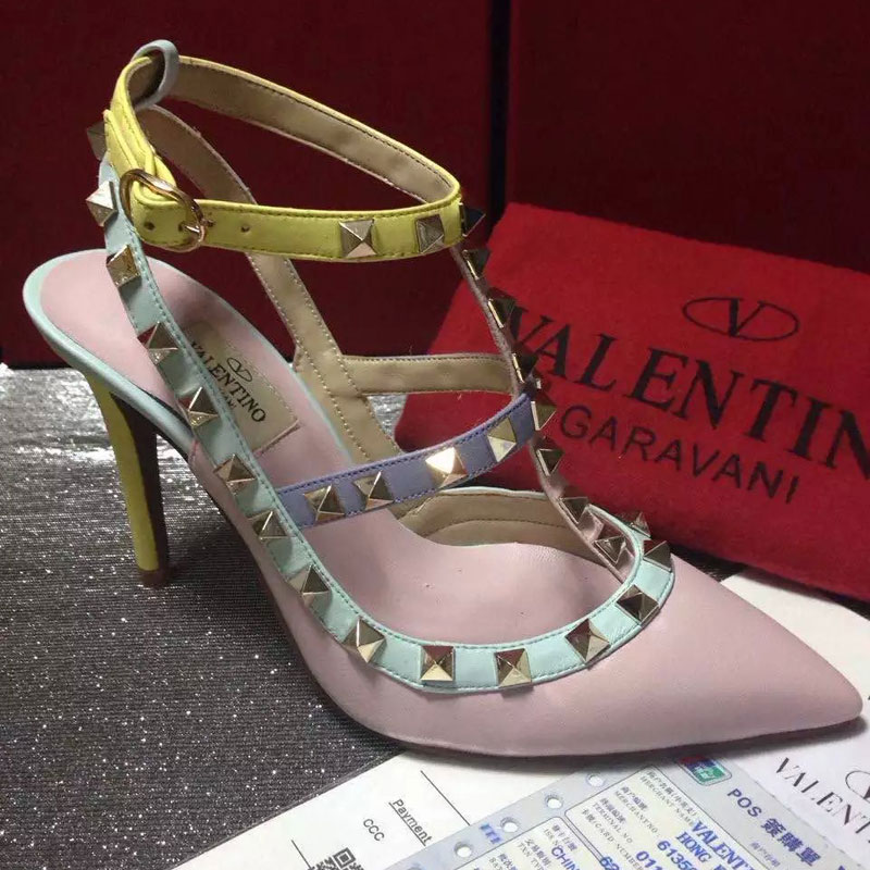 2016 Valentino women shoes in sheepskin leather with Rivet Heel Height 9.5cm