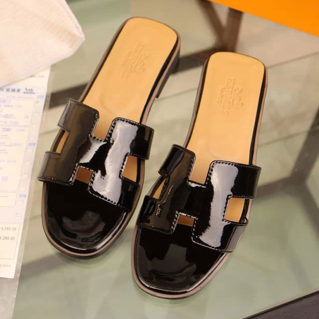 2016 hermes classic women Flat Slippers in Patent leather