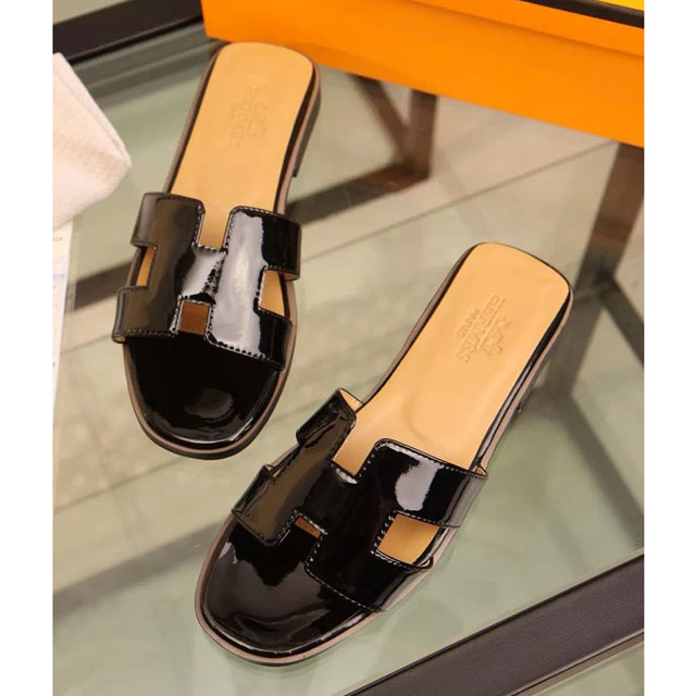 2016 hermes classic women Flat Slippers in Patent leather