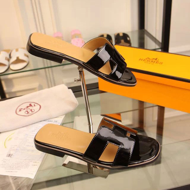 2016 hermes classic women Flat Slippers in Patent leather