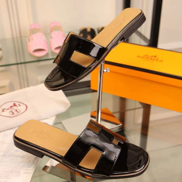 2016 hermes classic women Flat Slippers in Patent leather