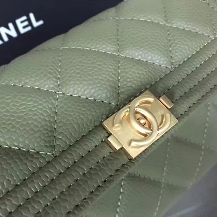 2017 Boy Chanel Embroidery Bi-Fold Wallet Original Caviar Leather A80286 Olive Green