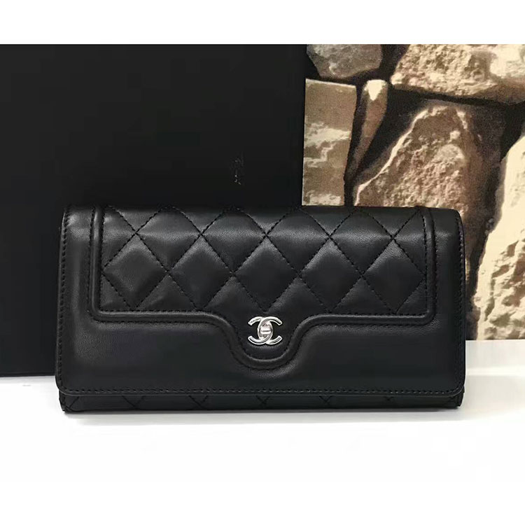 2017 Boy Chanel Embroidery Bi-Fold Wallet Original Sheepskin Leather A84235 Black