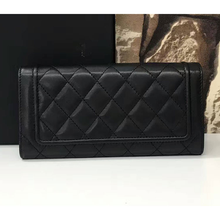 2017 Boy Chanel Embroidery Bi-Fold Wallet Original Sheepskin Leather A84235 Black