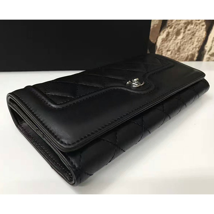 2017 Boy Chanel Embroidery Bi-Fold Wallet Original Sheepskin Leather A84235 Black