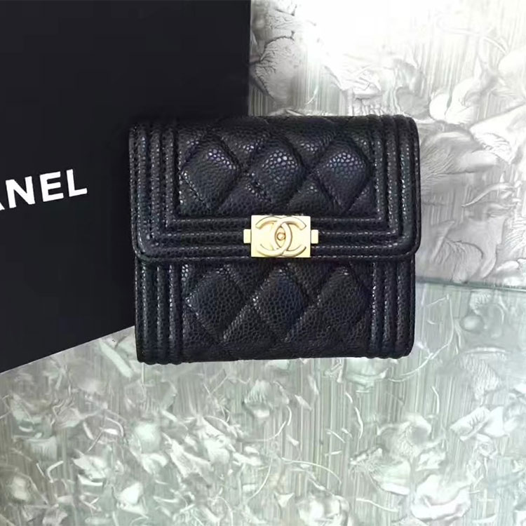 2017 Boy Chanel Matelasse Tri-Fold Wallet Original Caviar Leather A92115 Black