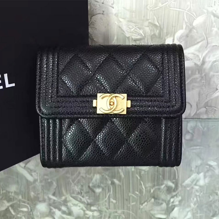 2017 Boy Chanel Matelasse Tri-Fold Wallet Original Caviar Leather A92115 Black