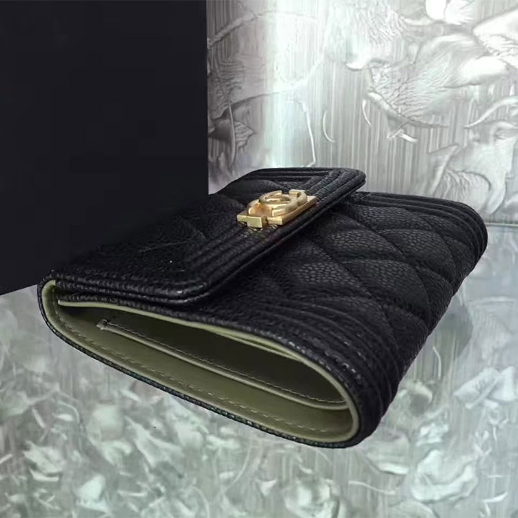 2017 Boy Chanel Matelasse Tri-Fold Wallet Original Caviar Leather A92115 Black