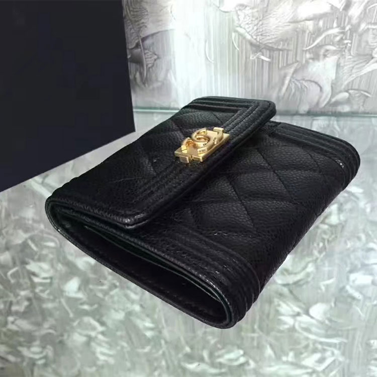 2017 Boy Chanel Matelasse Tri-Fold Wallet Original Caviar Leather A92115 Black