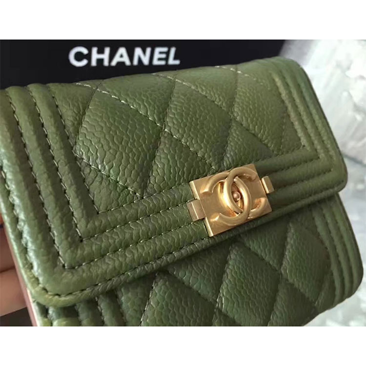 2017 Boy Chanel Matelasse Tri-Fold Wallet Original Caviar Leather A92115 Olive Green