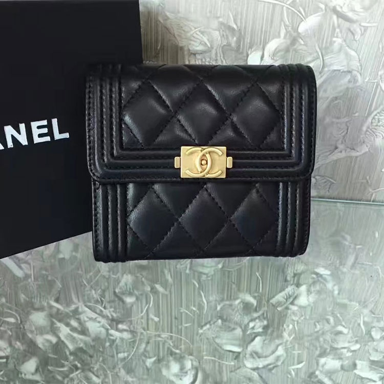 2017 Boy Chanel Matelasse Tri-Fold Wallet Original Lambskin Leather A92115 Black